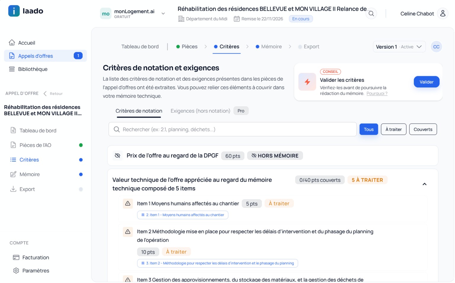 Écran Iaado des critères de notation et exigences d’un appel d’offres