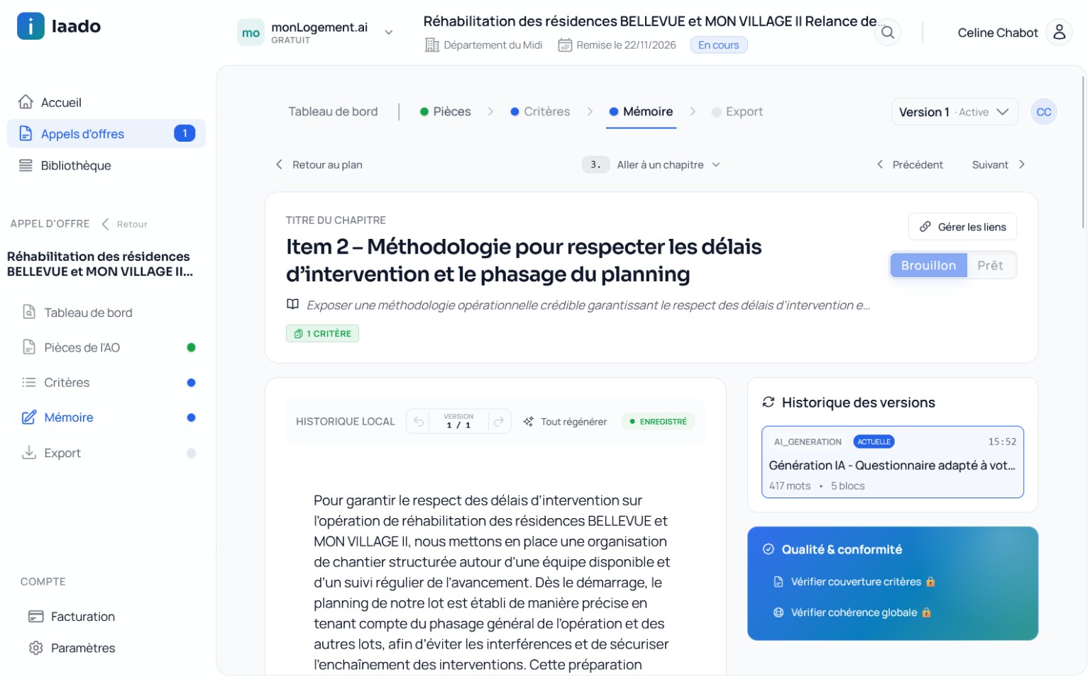 Écran Iaado de rédaction assistée et de suivi de conformité