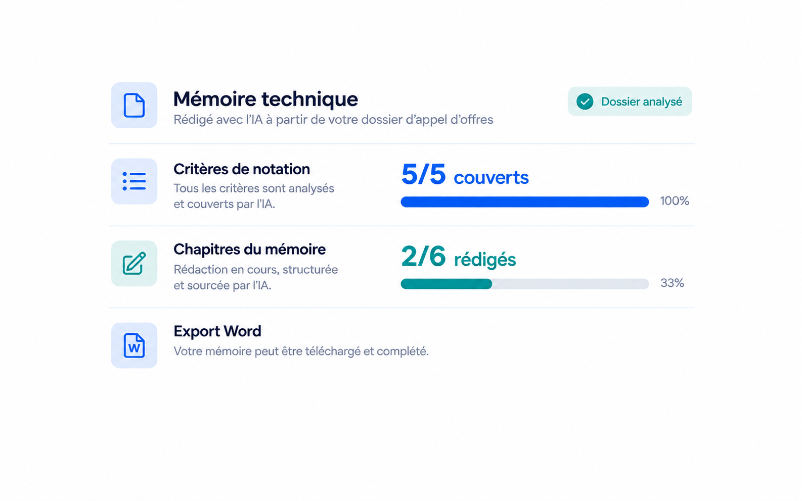 Aperçu d’Iaado : critères couverts, chapitres rédigés et export Word.