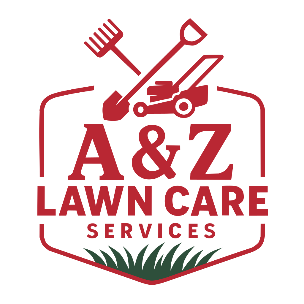 Logo for A&Z Lawn Care Service featuring lawn tools and grass