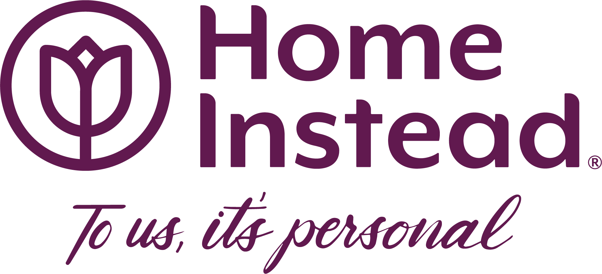 Home Instead logo with a stylized tulip icon and the tagline 'To us, it's personal.'