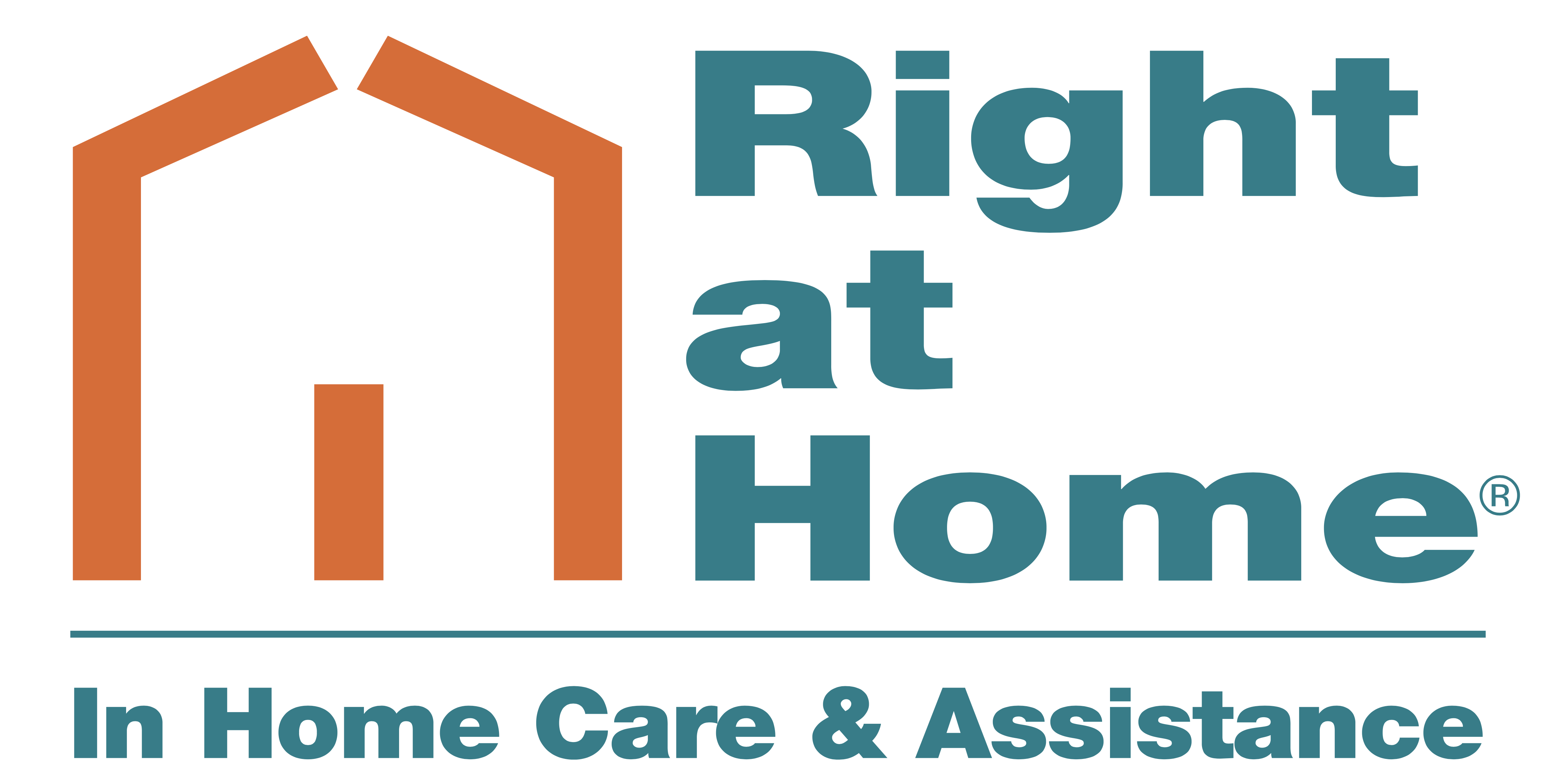 Right at Home logo with orange house outline and teal text 'Right at Home' and 'In Home Care & Assistance'.