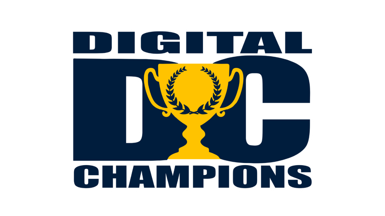 Logo with bold navy text 'DIGITAL DC CHAMPIONS' and a yellow trophy with laurel wreath in the center of the letters DC.