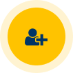 Dark blue user icon with a plus sign inside a yellow circular background.