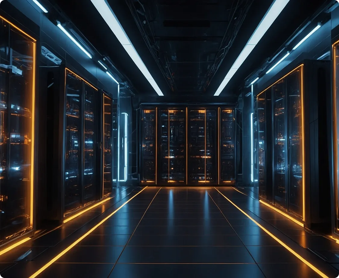 A dimly lit hallway in a futuristic building.