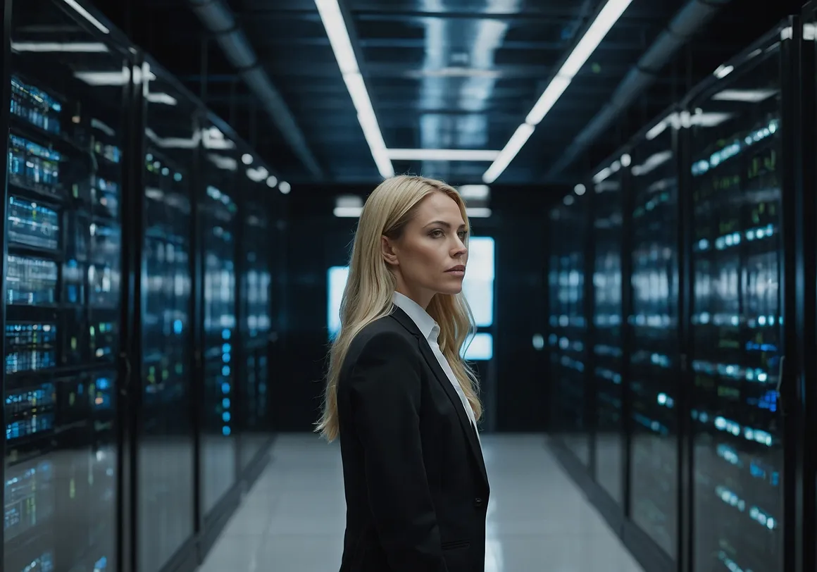 A woman in a business suit standing in a server room.
