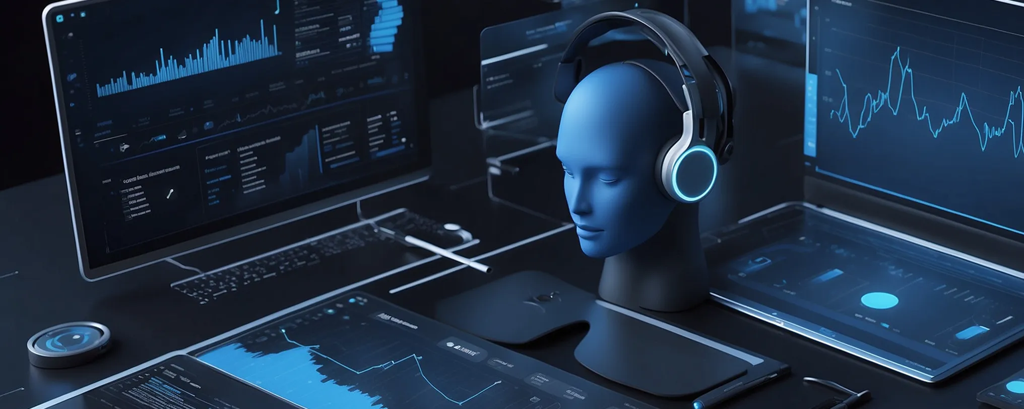 A headphone sitting on top of a desk next to a monitor.