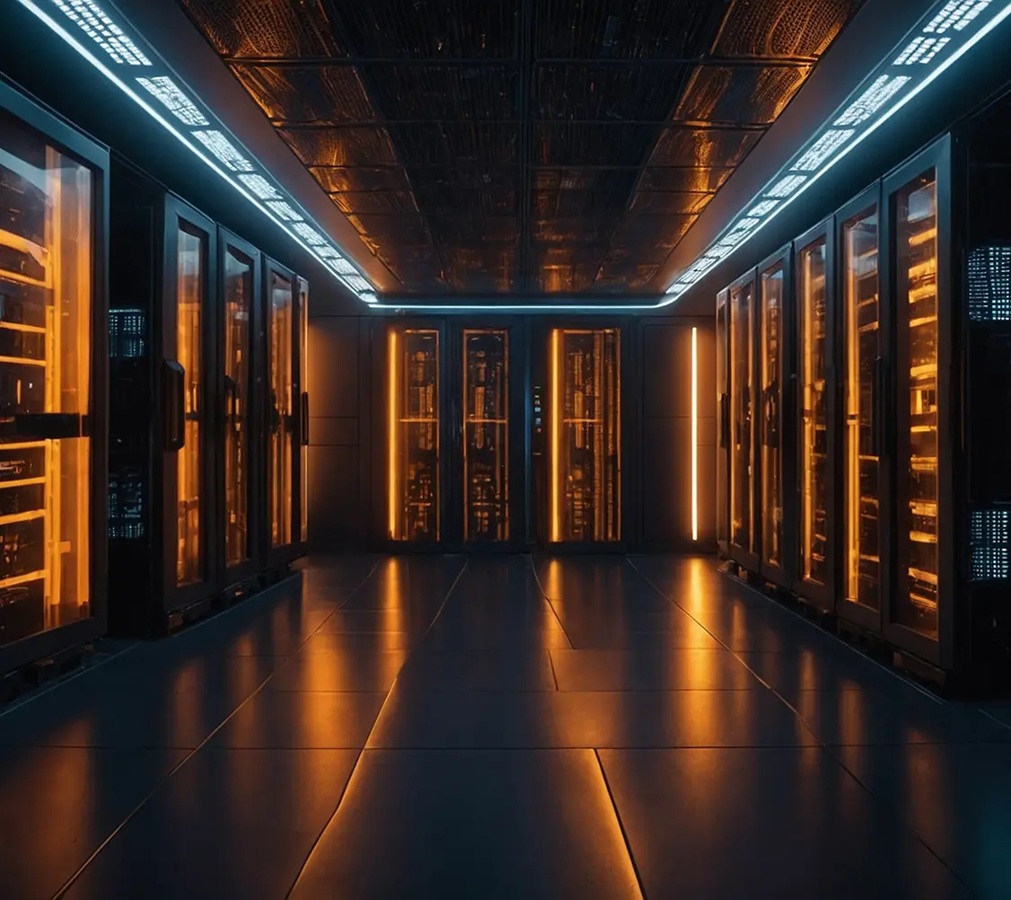 A dimly lit server room filled with servers.