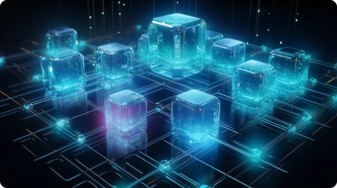 A group of glass cubes sitting on top of a black surface.