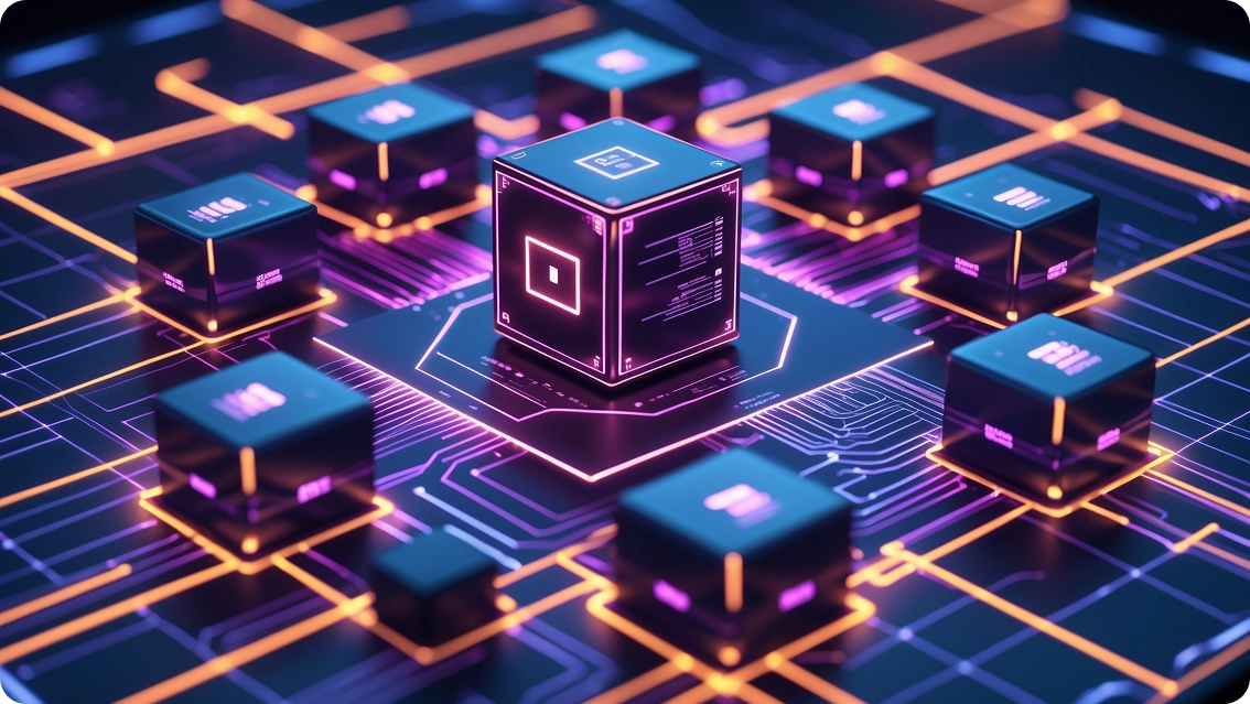 A computer processor surrounded by smaller cubes.