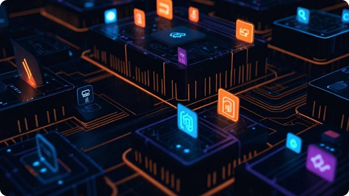 A bunch of electronic devices that are glowing in the dark.