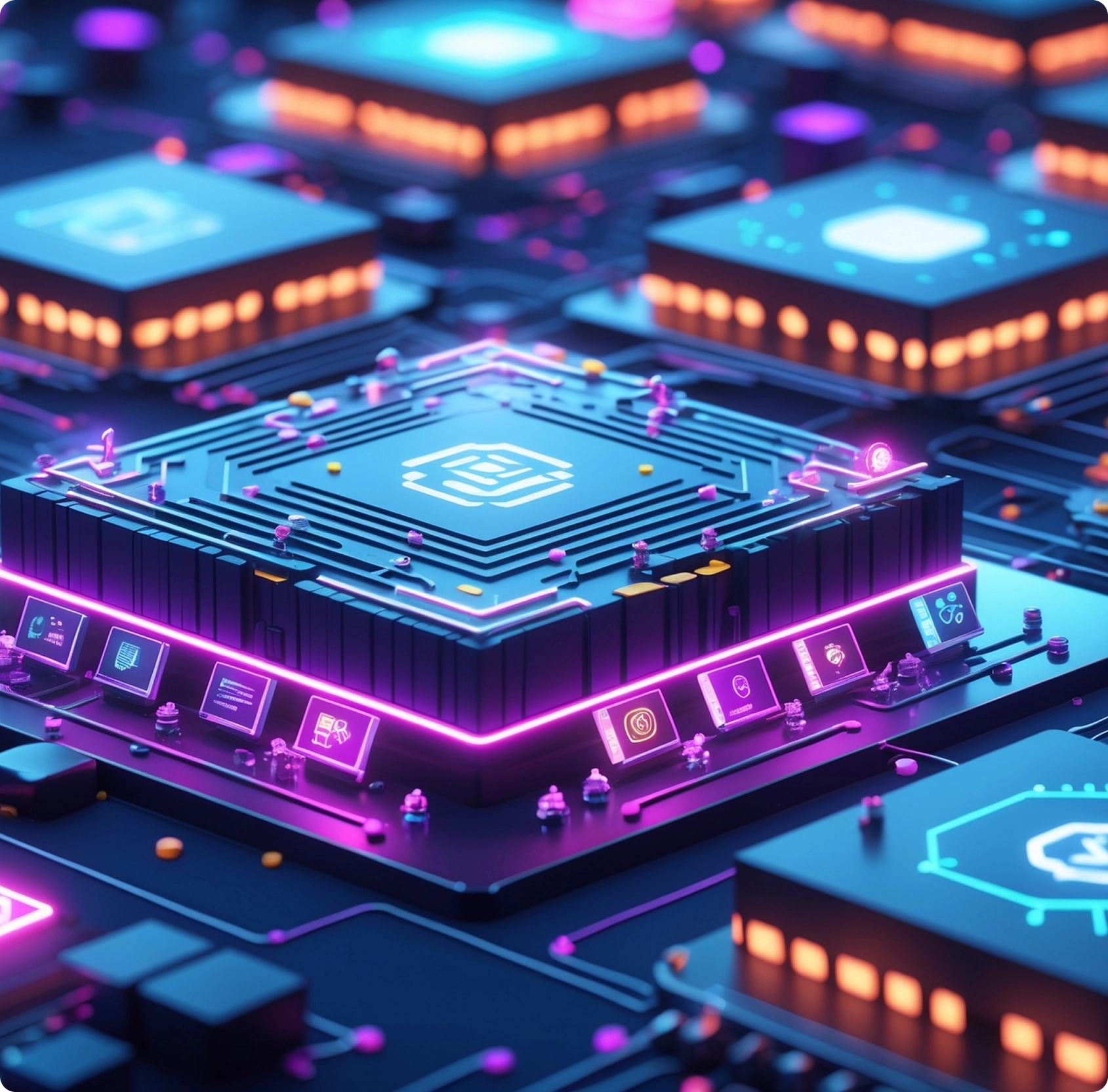 A close up of a computer processor with neon lights.