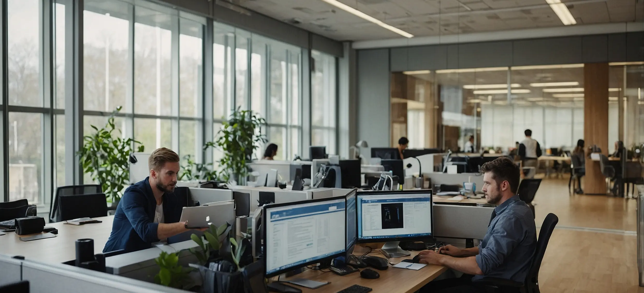 Two men sitting at desks in an office setting.