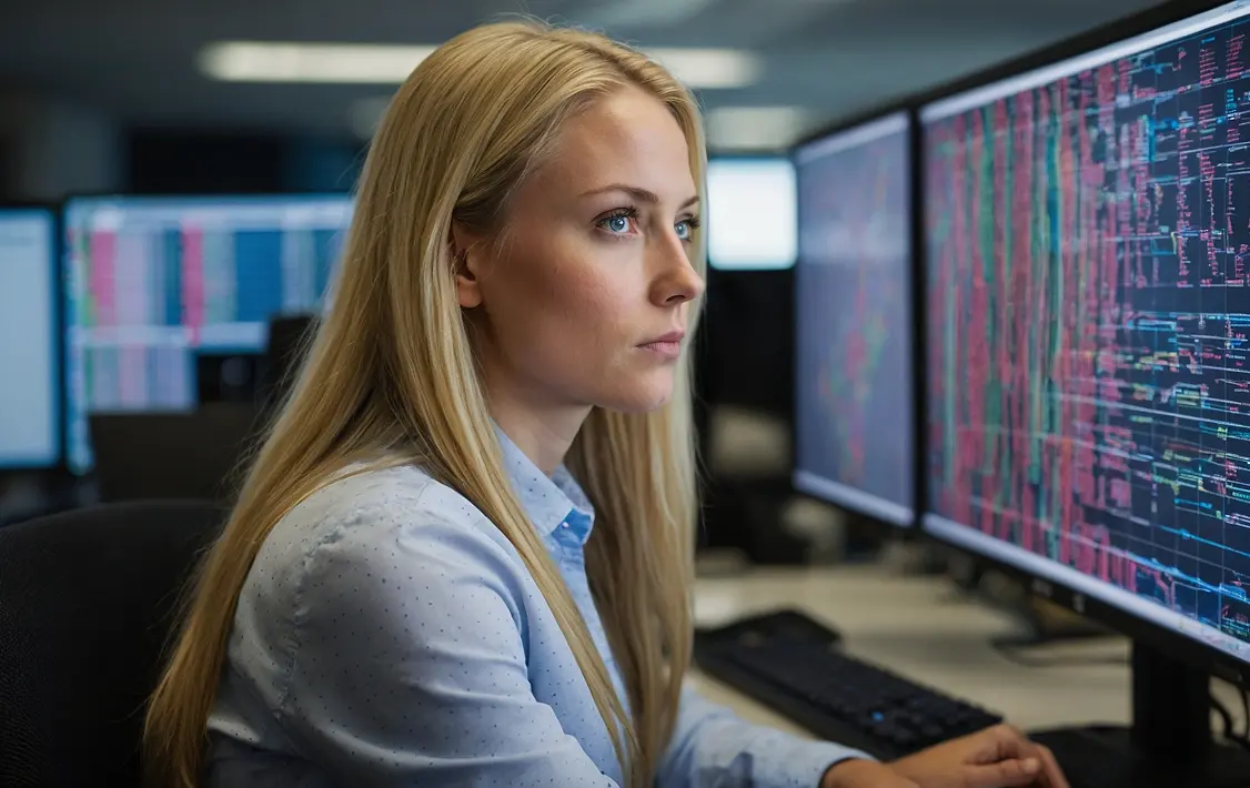 A woman sitting in front of a computer monitor.