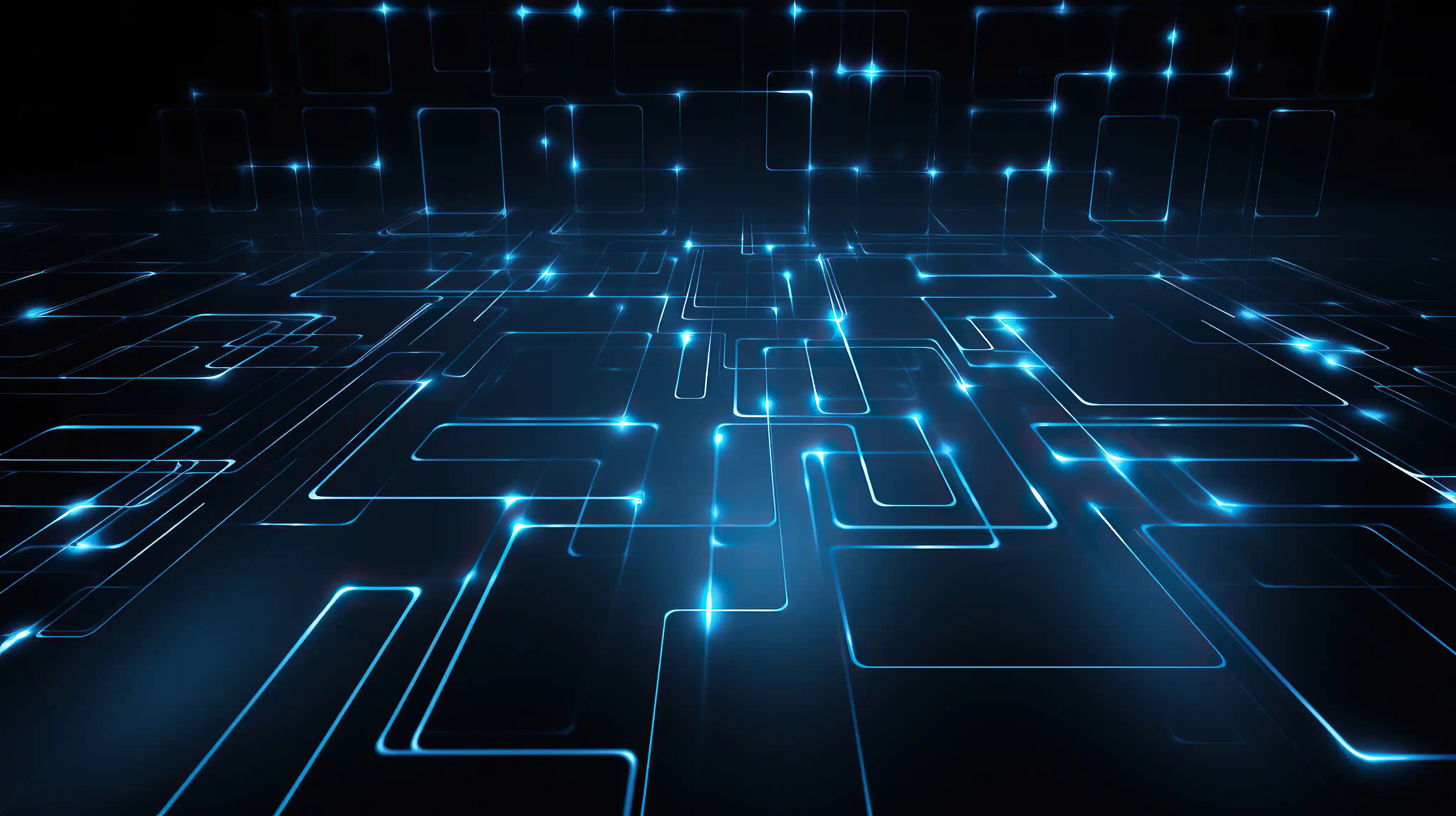 A dark background with blue lines and squares.