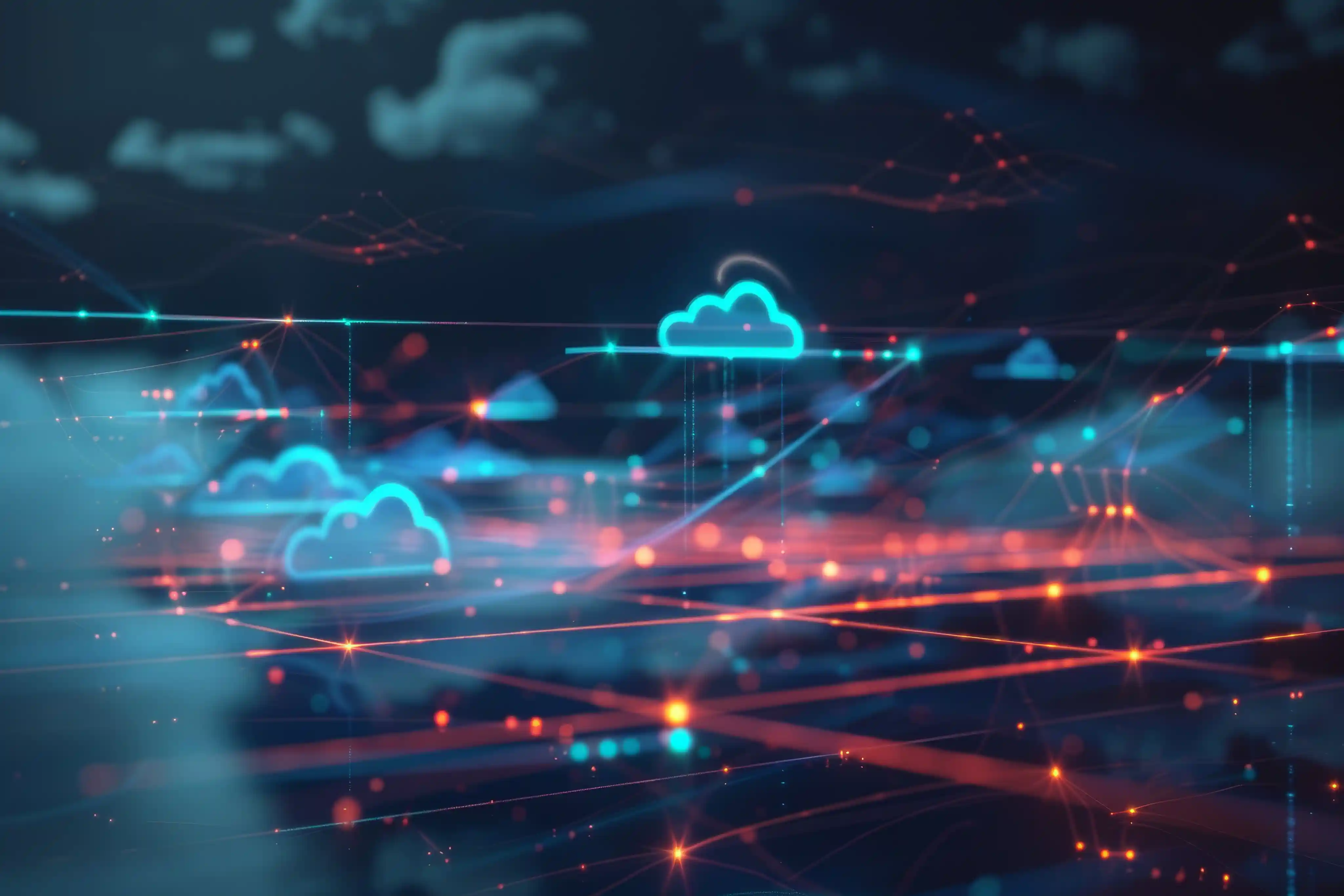 A blue and red abstract background with clouds.