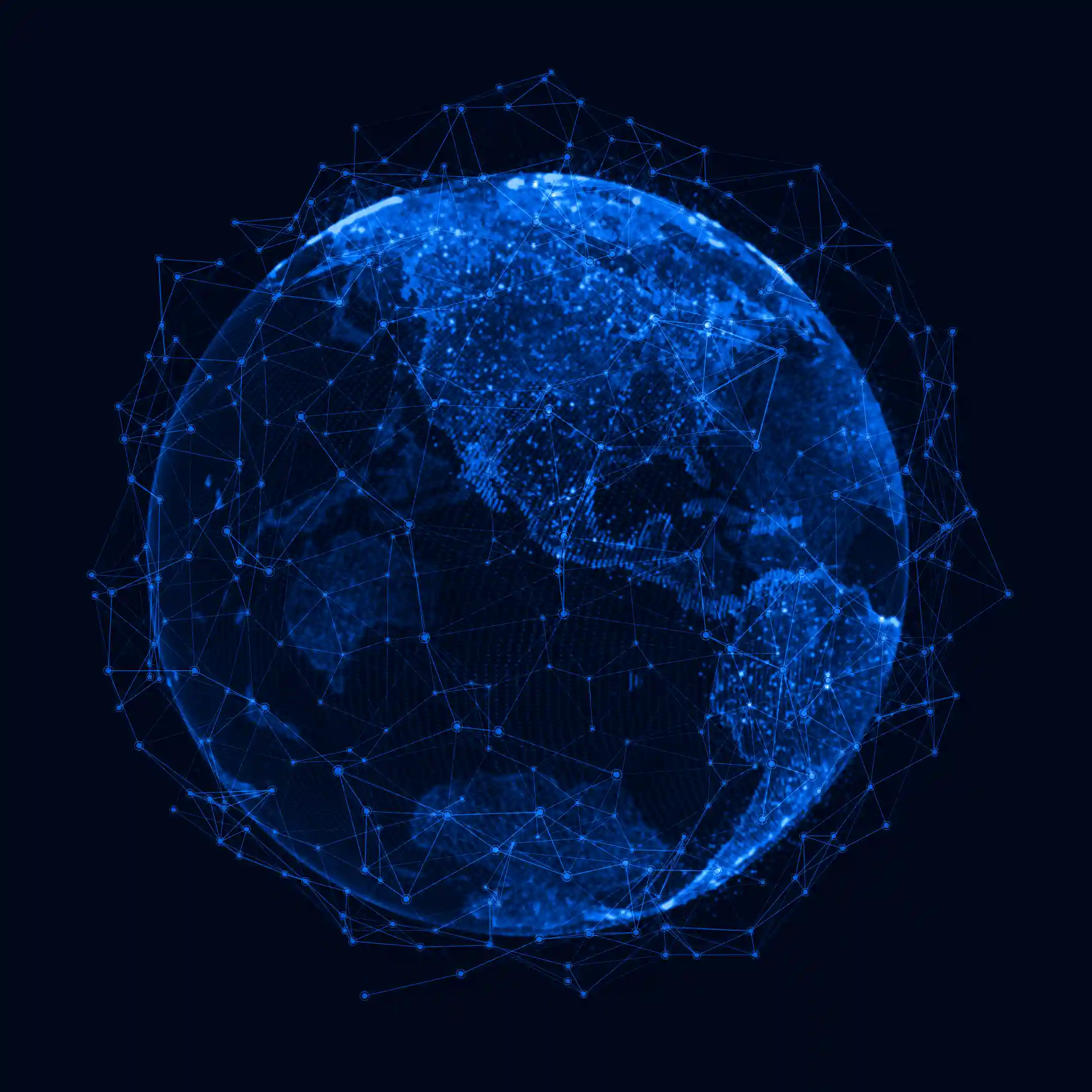 A blue earth with lines and dots on a black background.