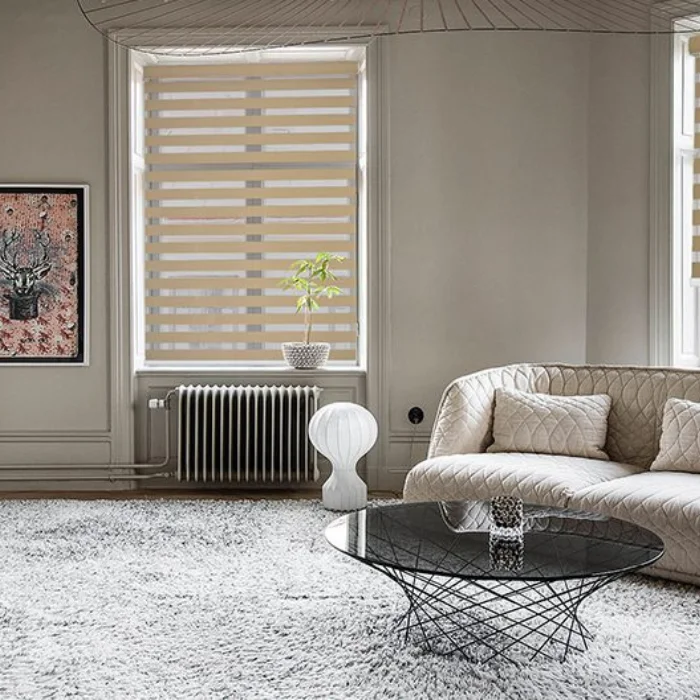 Sitting area with beige zebra shades half raised, casting filtered light across a textured rug and neutral furniture