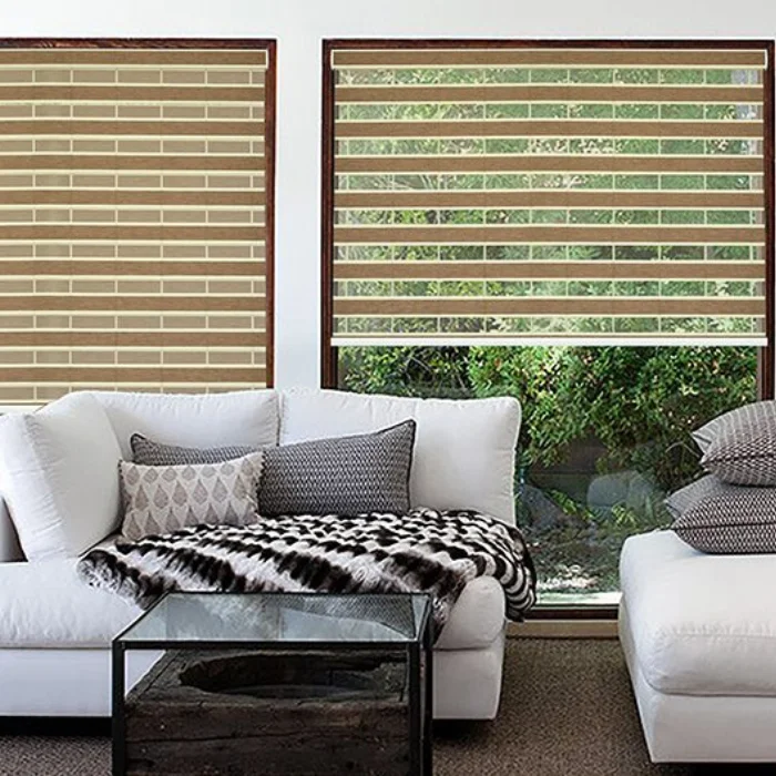 Zebra shades over two large windows in a living room, aligned with sectional couch and outdoor greenery visible through sheer bands 