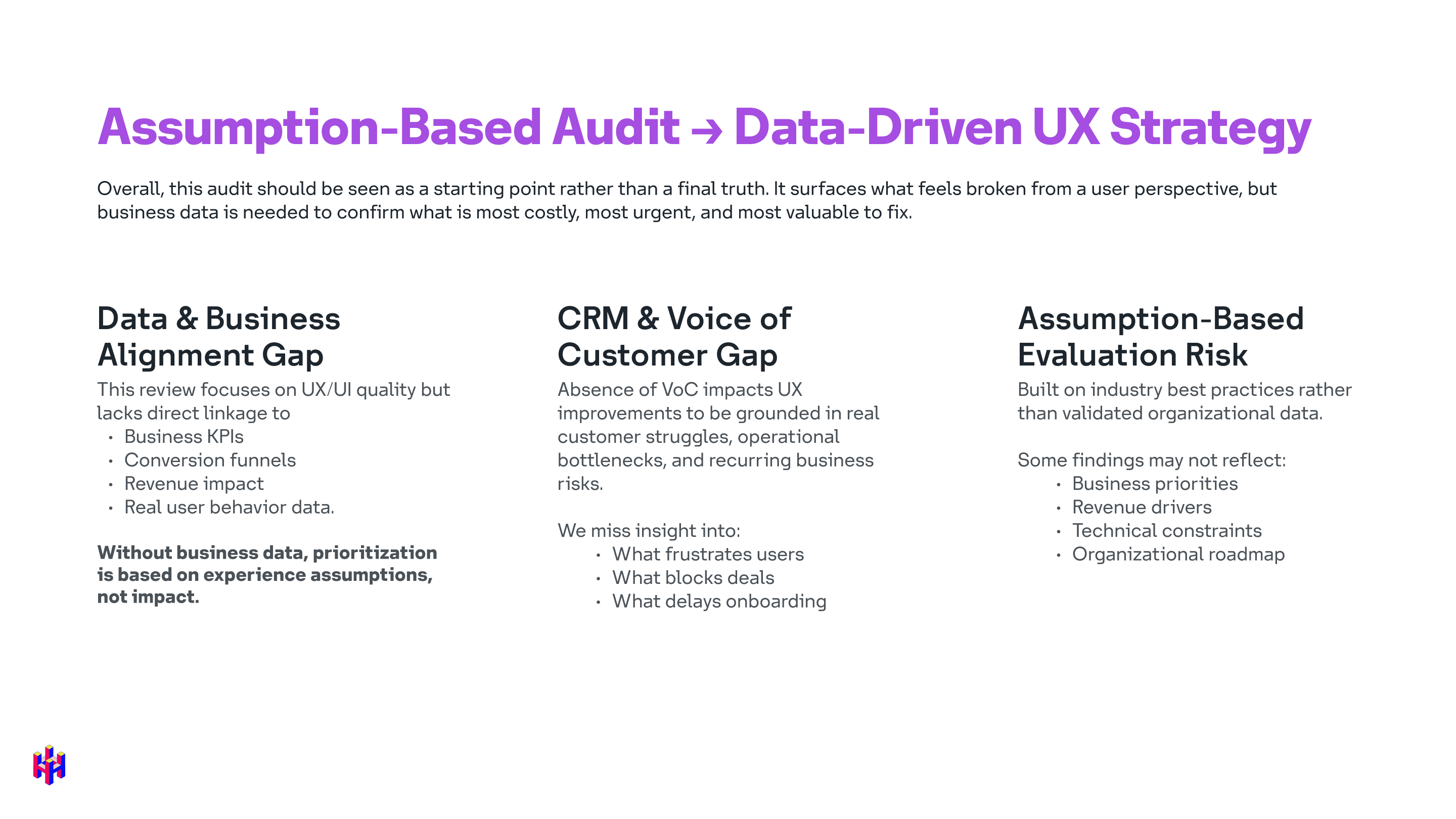 Highlighting gaps for assumption based audit, moving towards Data-driven UX