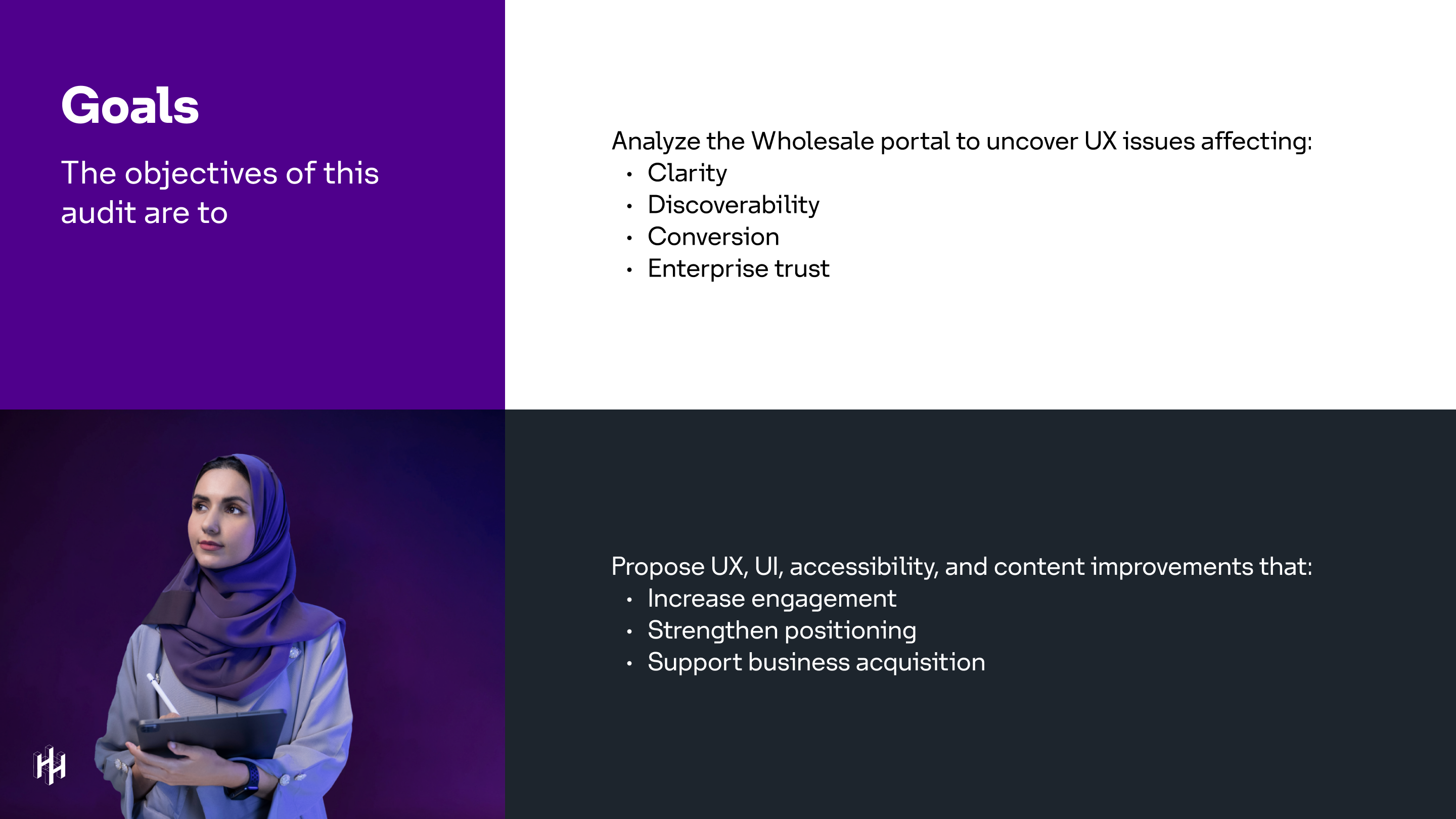 Audit Goals to analyze portal to uncover issues and propose design and content improvements to support engagement, positioning, and business acquisition