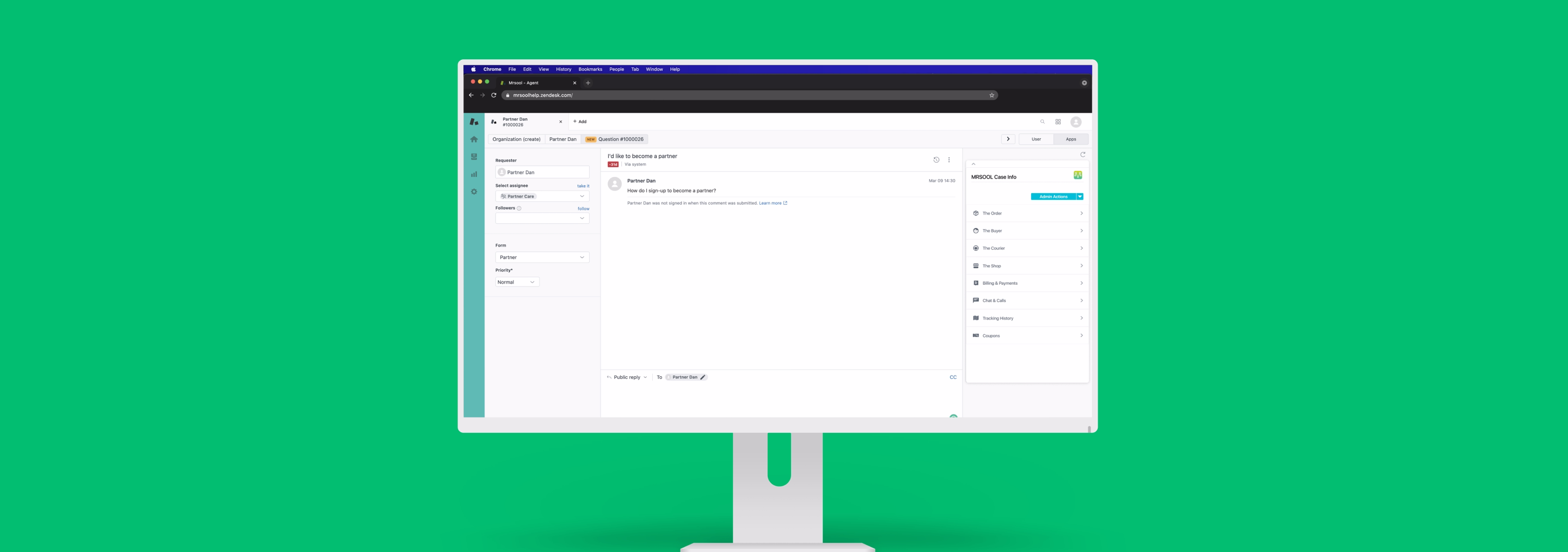 Cover Mockup of desktop screen that displays mrsool agent support portal