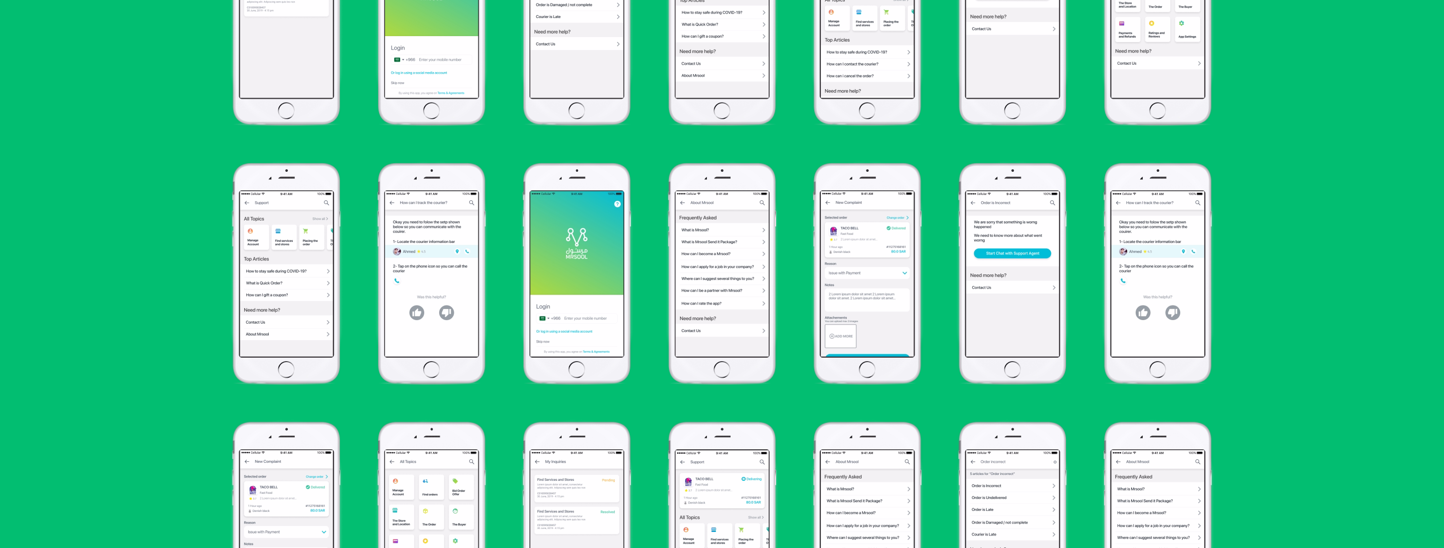 Cover of multiple phone mockups displaying mobile support screens