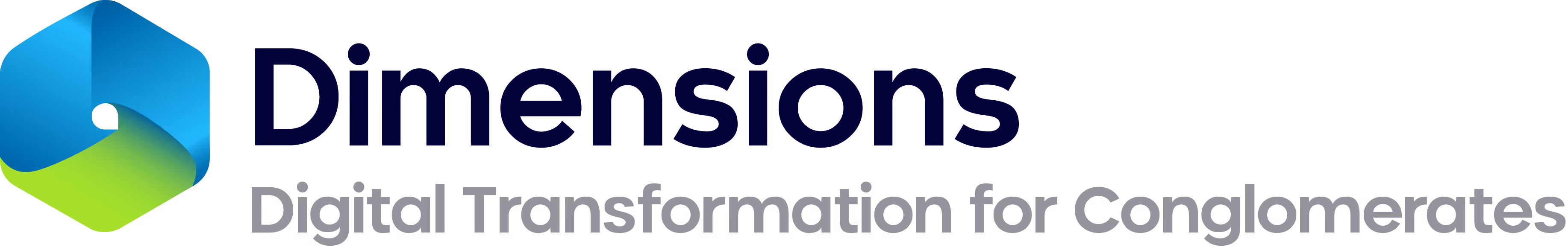 Dimensions company logo with blue and green abstract icon and tagline Digital Transformation for Conglomerates.