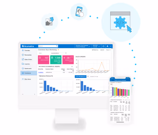 Computer and mobile display showing Acumatica software dashboard with sales orders, recommended orders, and product trends charts.