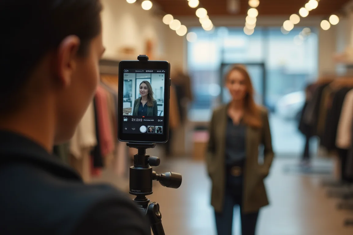 A woman is shooting a TikTok video in her local boutique. 