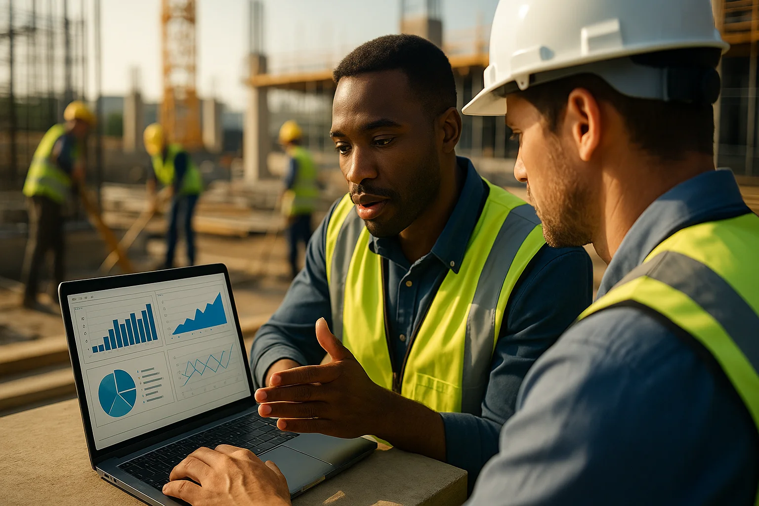 Two men at a construction site are looking at a laptop which displays graphs and charts illustrating marketing performance