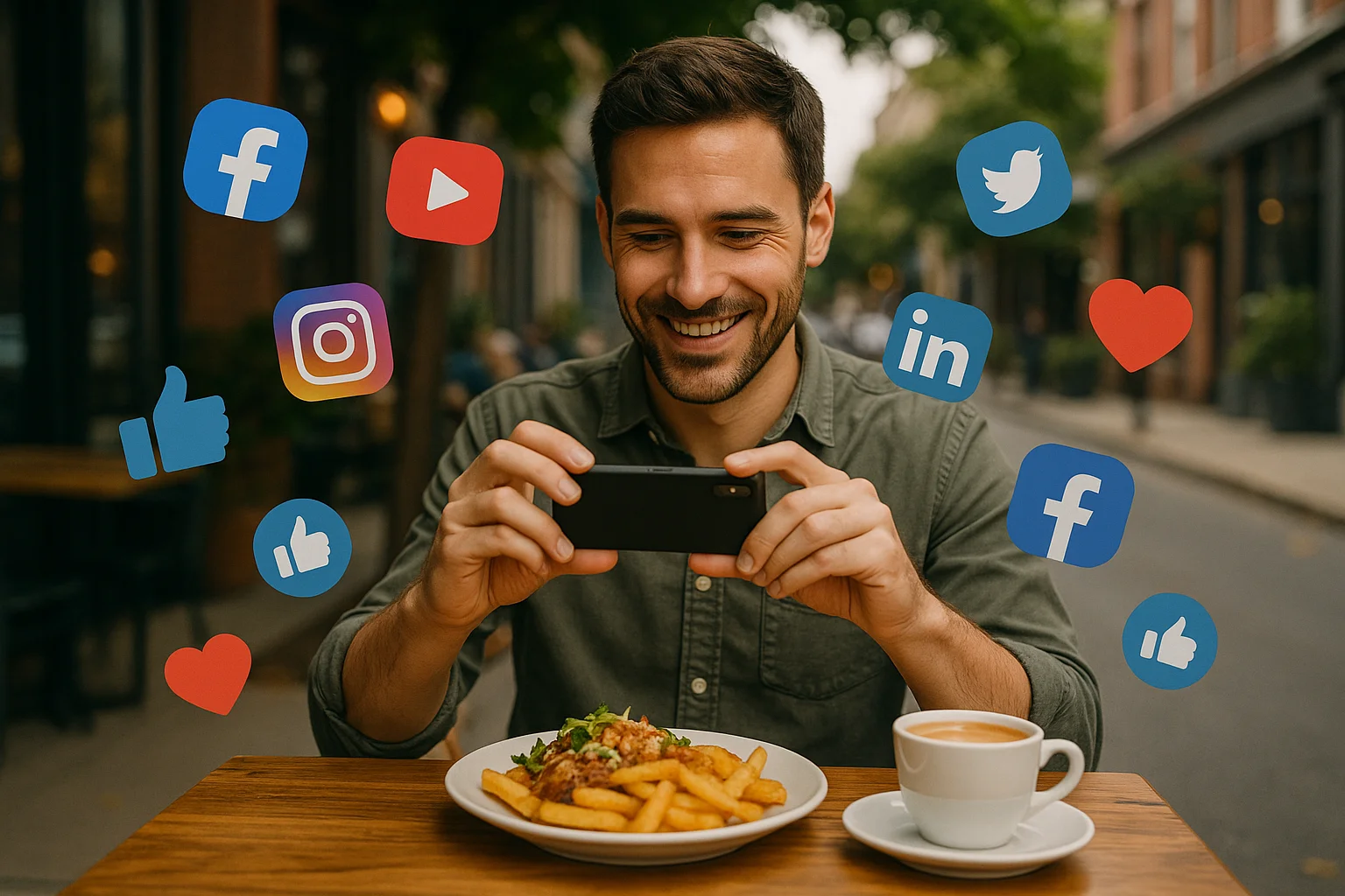 A man eating outdoors at a small restaurant taking photos of his meal with social media icons floating around him