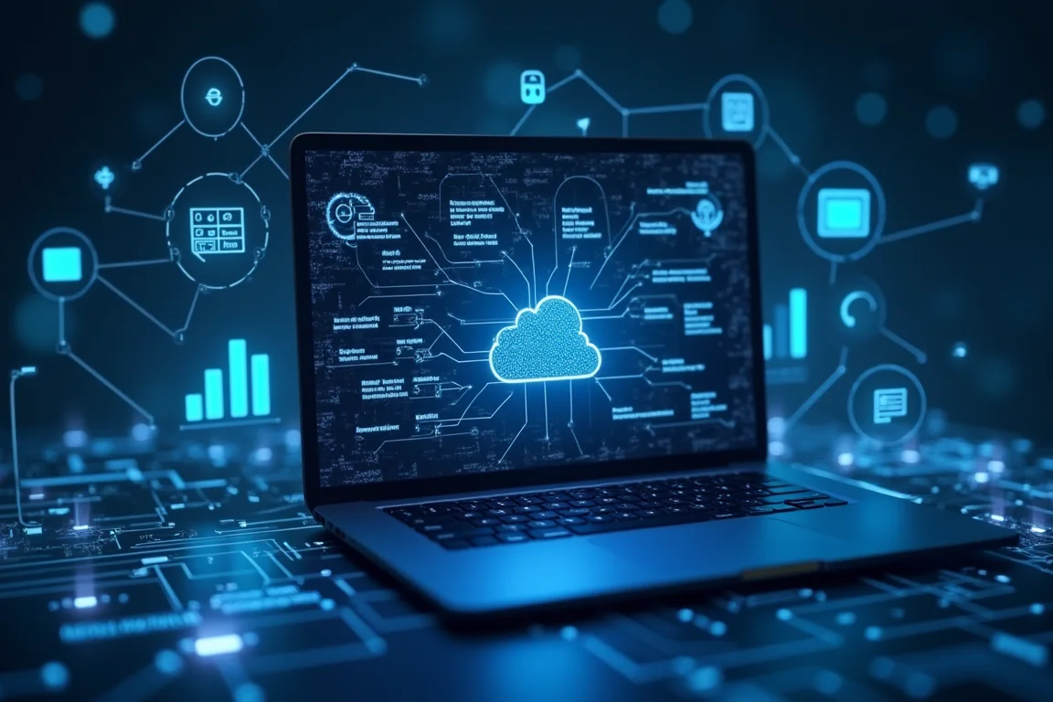 A laptop computer showing a network of services connected to the cloud through AI