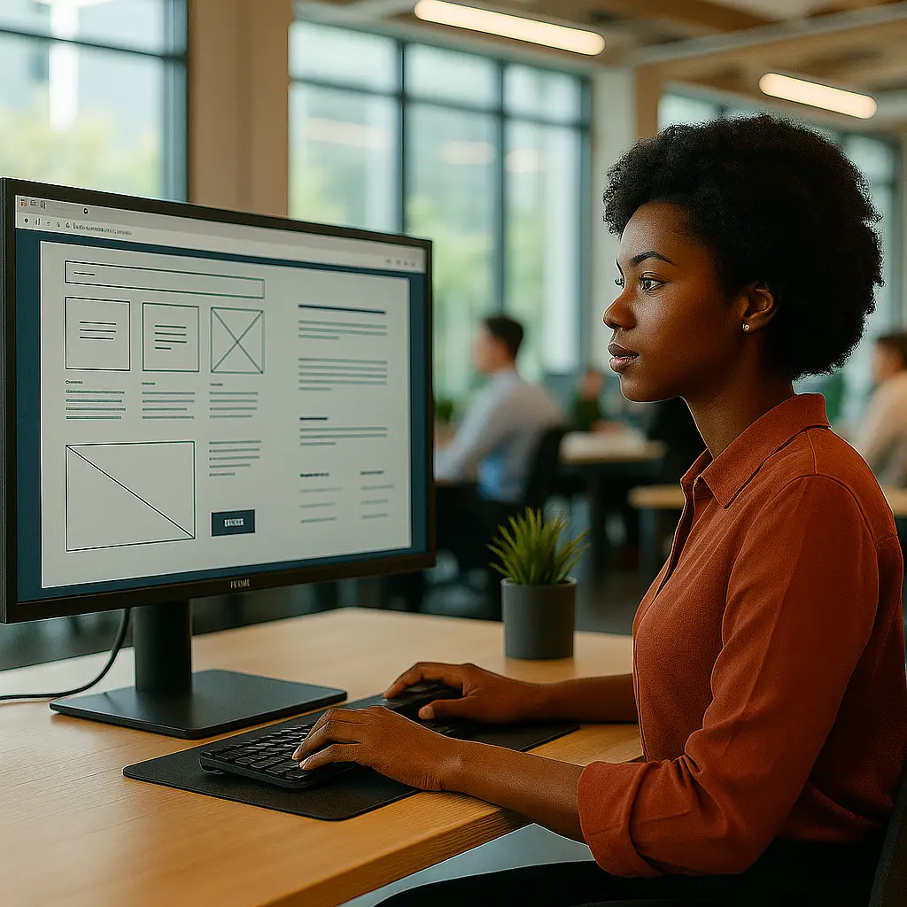 A woman sitting at a desktop computer working on wireframes for a website