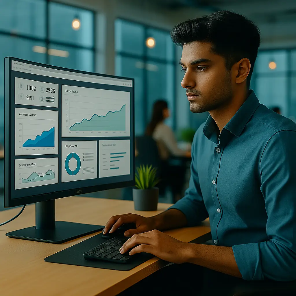 A man is sitting at a desktop computer reviewing performance charts and tables on the screen