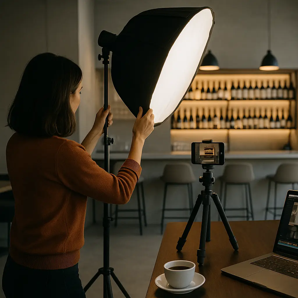 A woman is setting up lights and cameras for a photo shoot in a wine bar