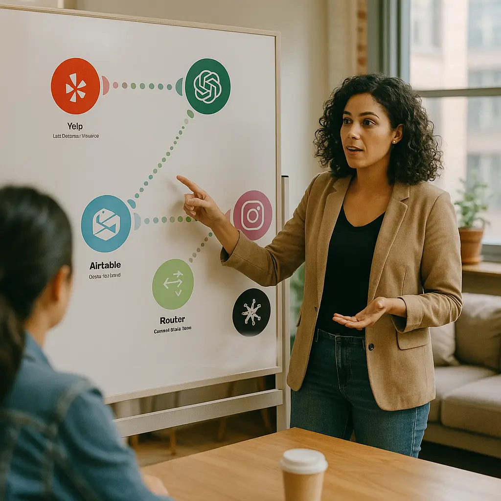 A woman standing at a whiteboard which shows icons from various web services in a flowchart to indicate an automated AI-driven process