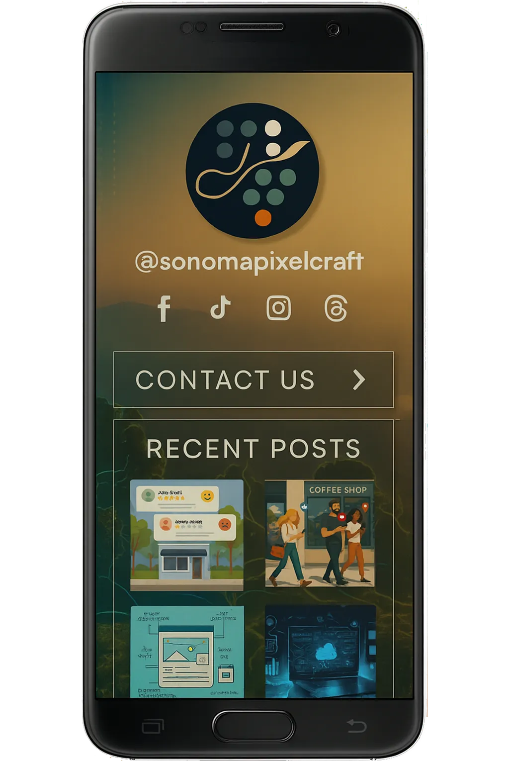 A cellphone displaying an example of a  Link In Bio page to be used on Instagram
