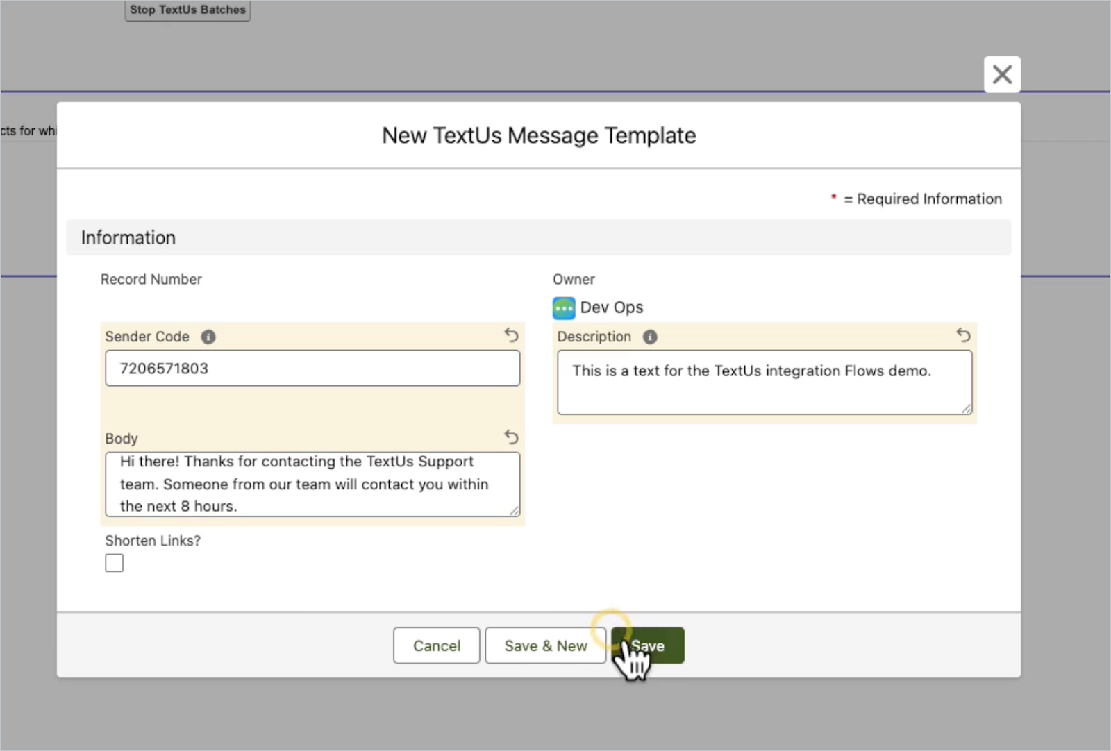 TextUs SMS Template