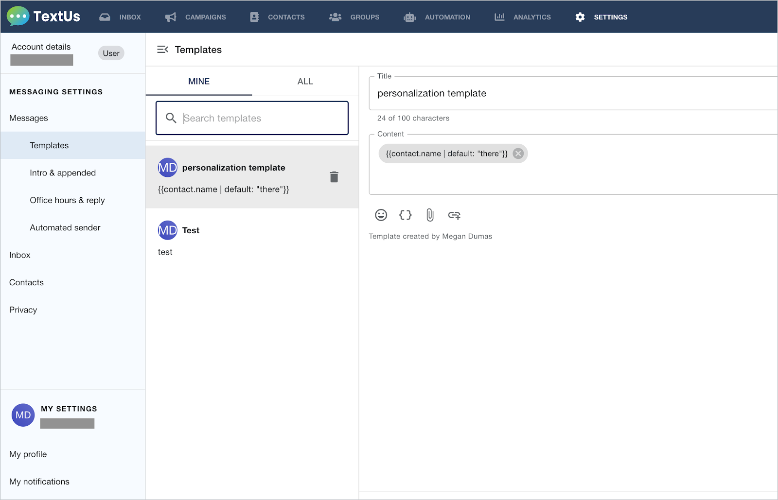 TextUs's SMS templates