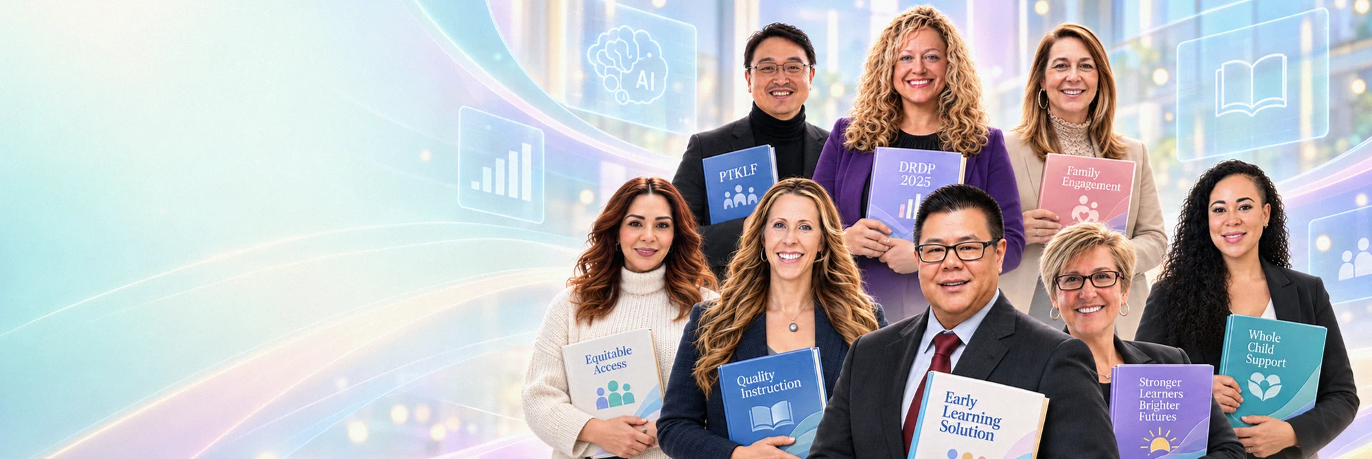 California Early Learning experts holding PTKLF, DRDP 2025, family engagement, quality instruction, and whole-child support materials