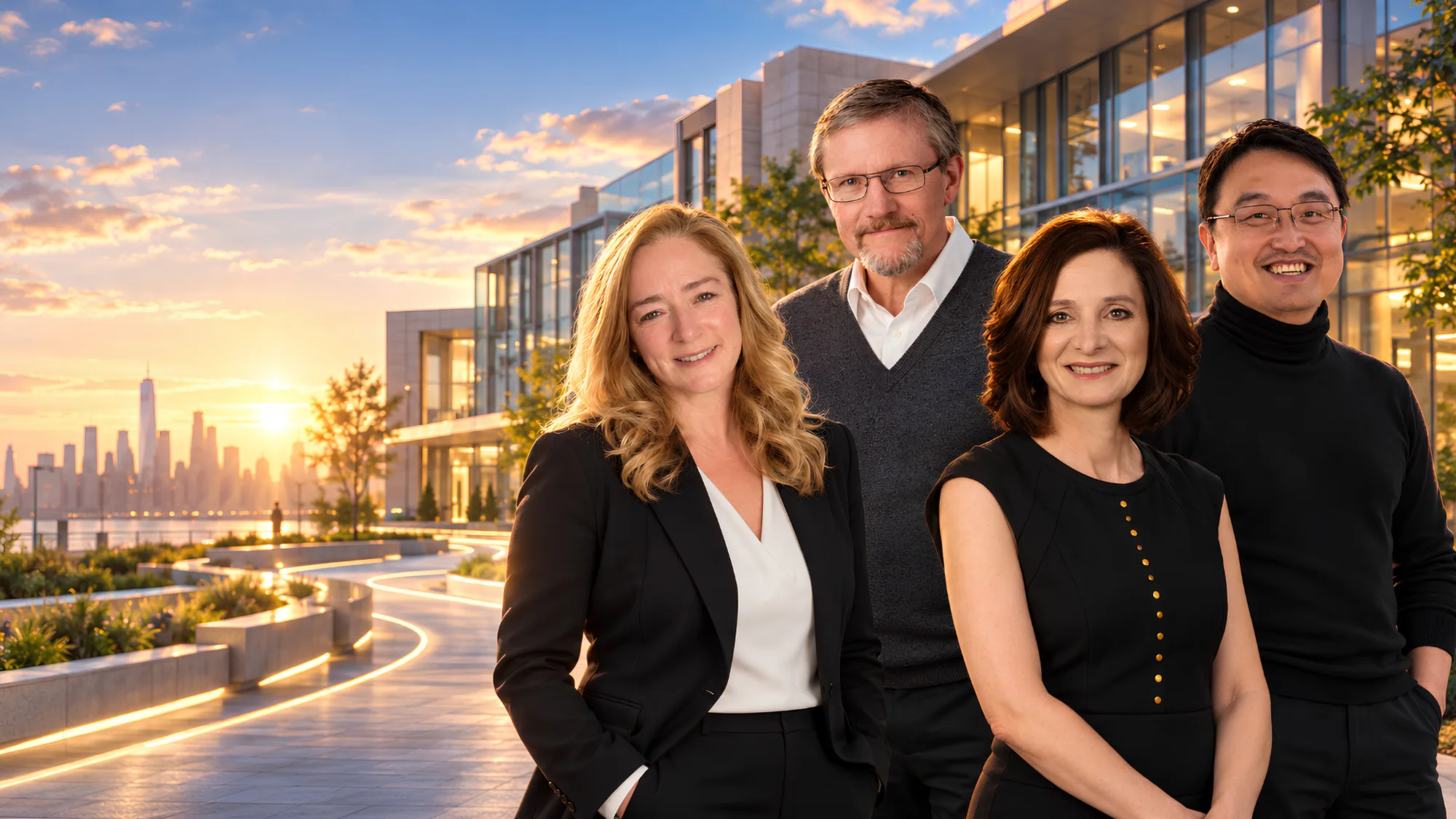NY Inspires webinar speakers Lisa Weber, David Ross, Angela Di Michele Lalor and Dr. Gene Shi in front of a modern school building with the New York City skyline at sunset