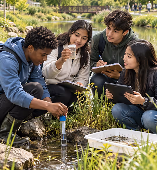 Students investigating an environmental question together outdoors
