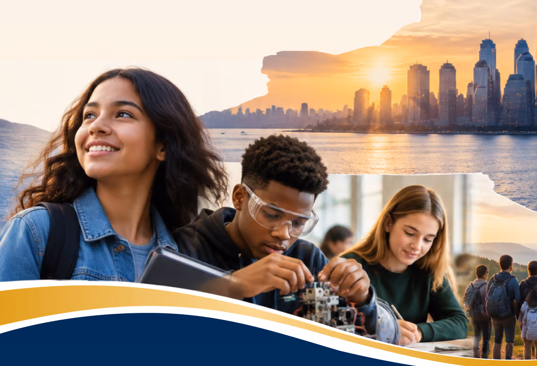 New York student learning montage with the city skyline and community settings