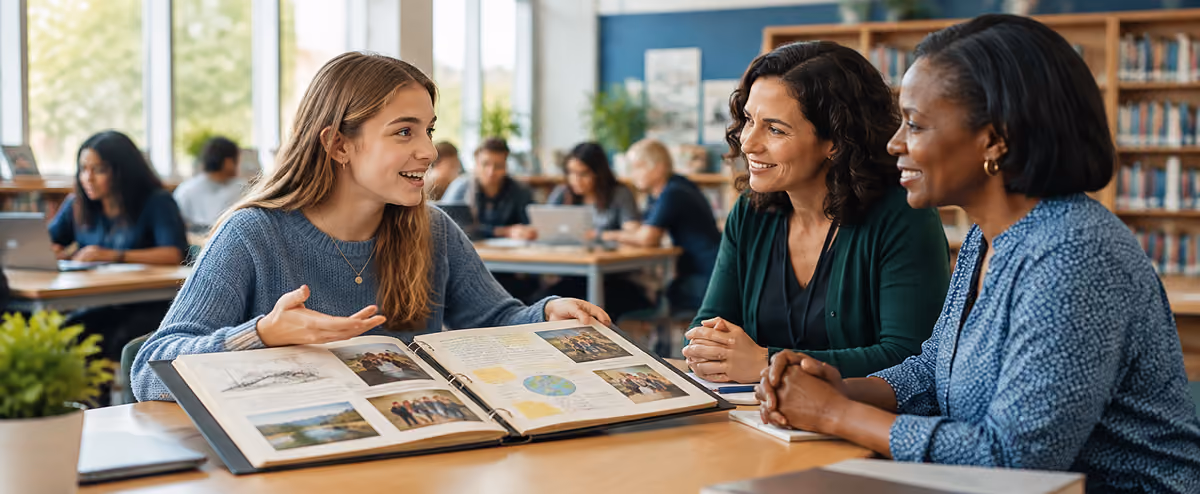 Student reviewing their portfolio with a teacher