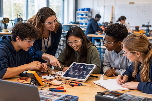 High school students working with an educator on an applied technical project
