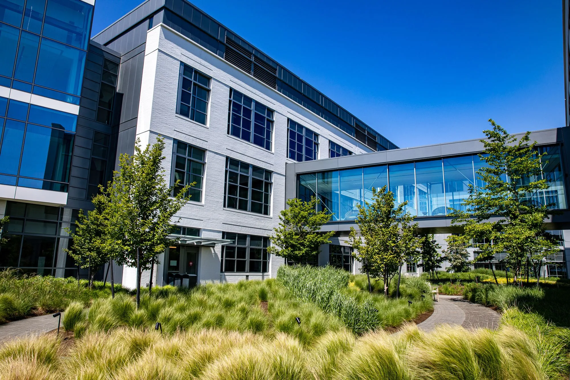 A commercial building surrounded by the greenery of well maintained trees and plants.