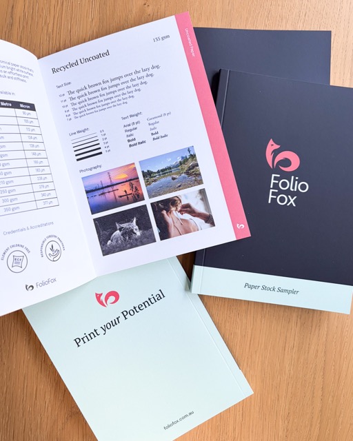 FolioFox paper sampler books with a copy open to the recycled uncoated paper stock page