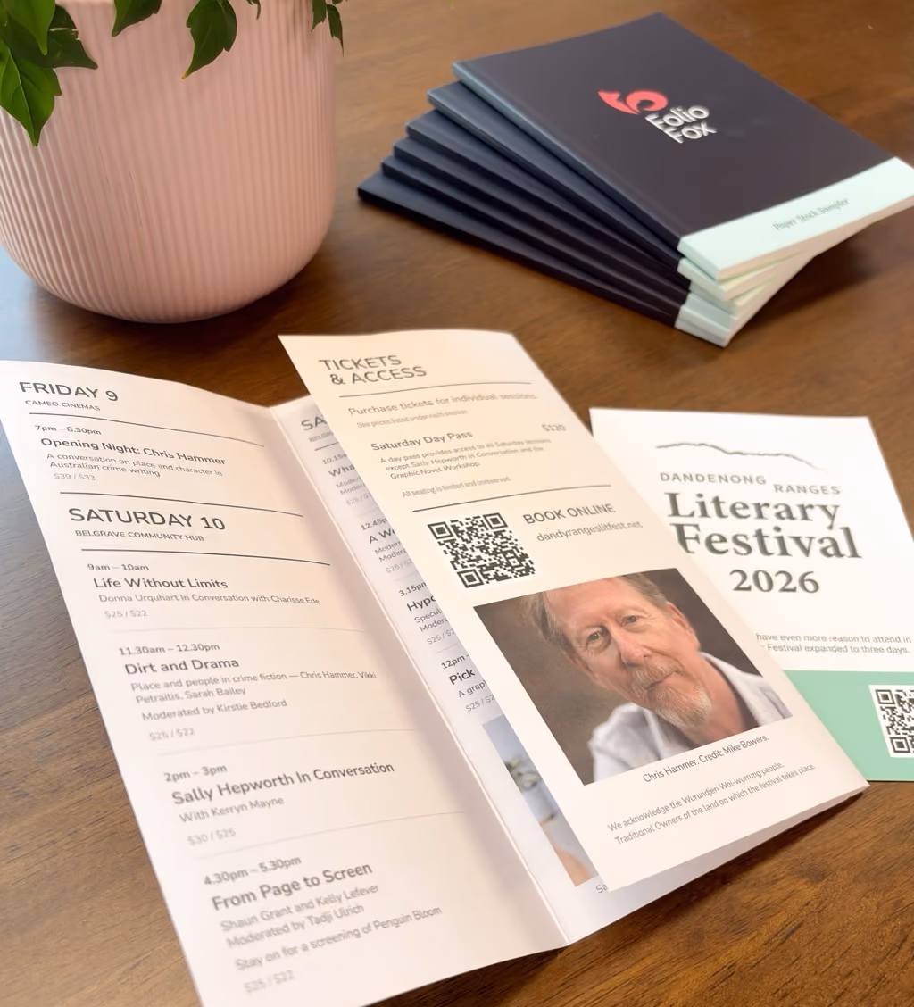 marketing brochures printed by foliofox for the dandenong ranges literary festival