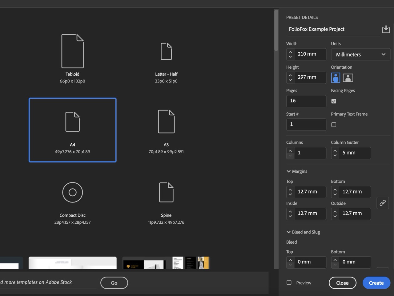 InDesign screenshot of setting up the new file for saddle stitch booklet printing.